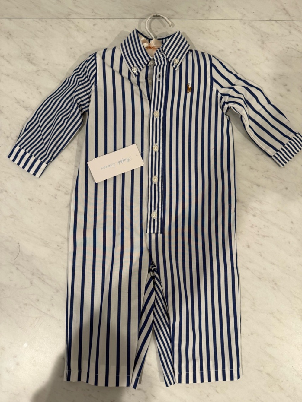 Infant Ralph Lauren Navy & White Striped One-Piece